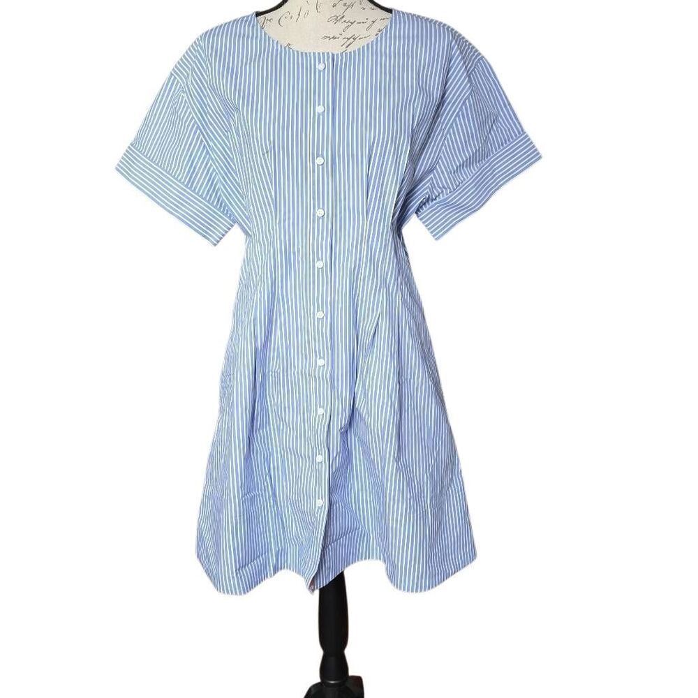 J.Crew Women's Size 14 Blue White Stripe Button Down Pleated Short Sleeve Dress